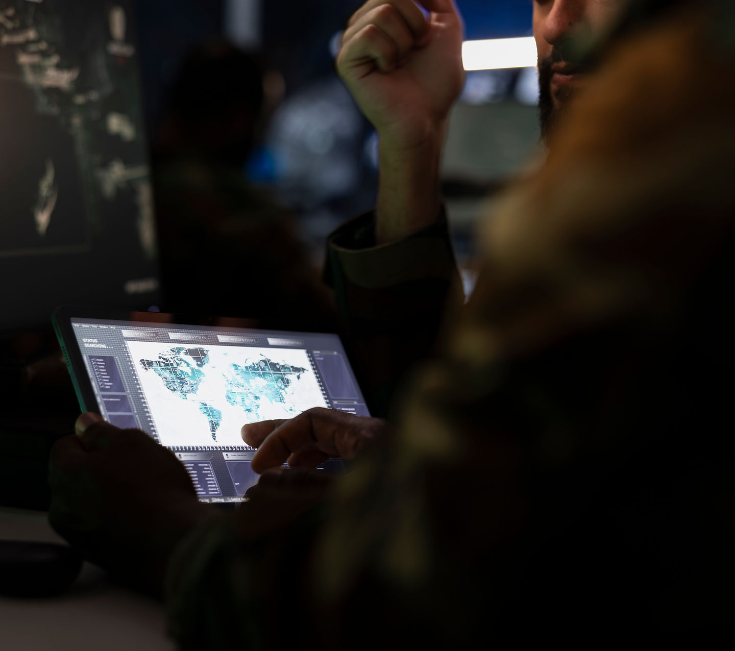 army-officers-managing-air-traffic-control-using-radar-surveillance-software-tablet-close-